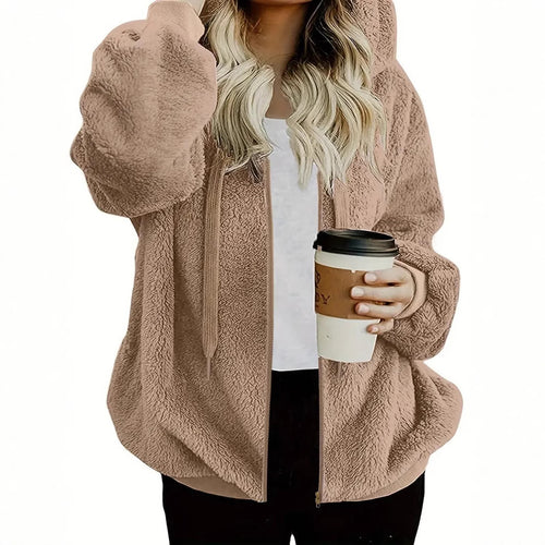 Damen Flauschige Kapuzenjacke mit Reißverschluss und praktischem Design Drune