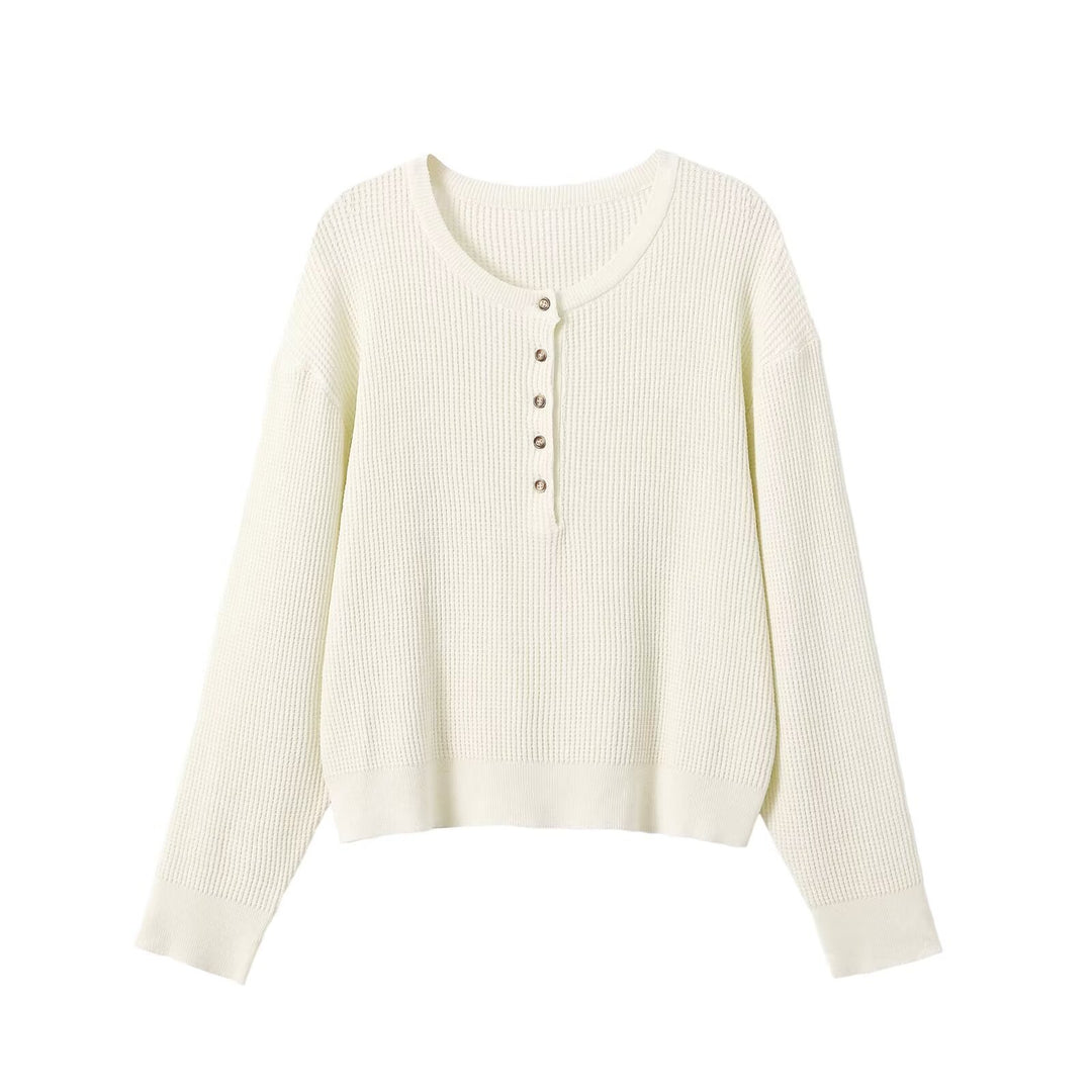 Damen Waffelstrick-Pullover mit halber Knopfleiste, Rundhals und entspanntem Oversize-Schnitt Drune