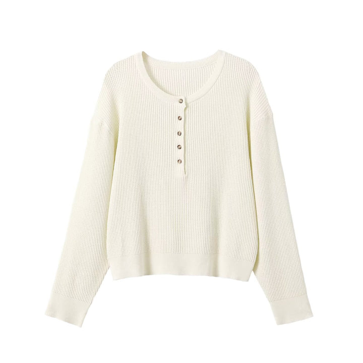 Damen Waffelstrick-Pullover mit halber Knopfleiste, Rundhals und entspanntem Oversize-Schnitt Drune