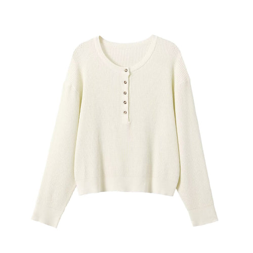 Damen Waffelstrick-Pullover mit halber Knopfleiste, Rundhals und entspanntem Oversize-Schnitt Drune