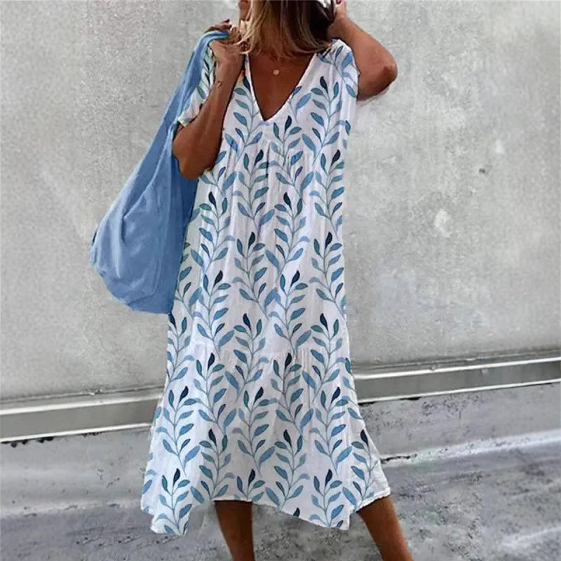 Damen Sommerkleid mit V-Ausschnitt und voluminösem Rock Drune
