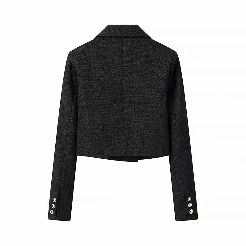 Damen nan kurze Bouclé-Cropped-Jacke mit Reverskragen und dekorativen Metallknöpfen Drune