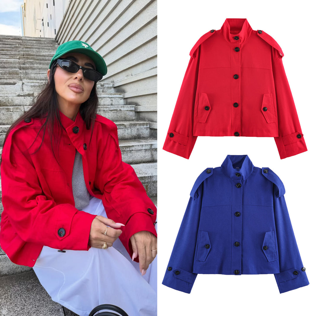 Damen Kurz geschnittene Utility‑Jacke mit Stehkragen, Schulterklappen und Pattentaschen Drune