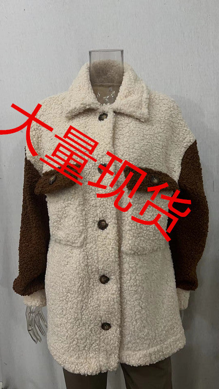 Damen nan oversized Teddy-Hemdjacke mit Kontraststreifen, aufgesetzten Brusttaschen und sichtbarer Knopfleiste Drune