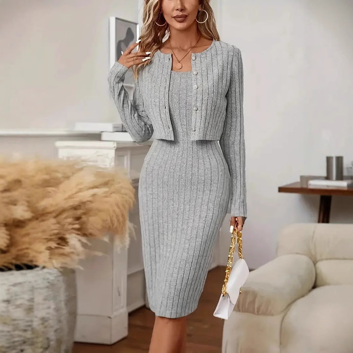 Damen Geripptes Strick‑Midikleid mit passender Kurzjacke Drune