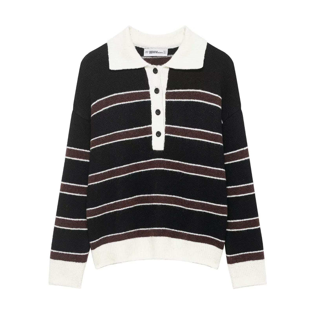 Damen lässiger Strickpullover mit Kragen und Knopfleiste Drune