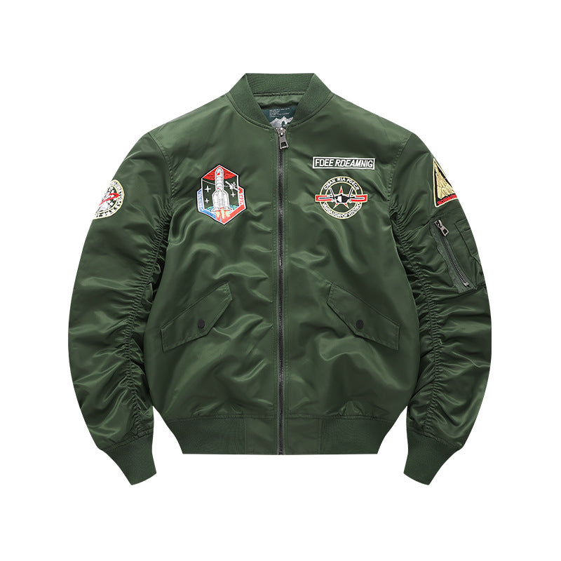 Men's  vintage-inspired mission patch flight bomber with utility sleeve pocket Drune