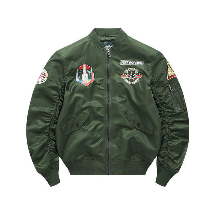 Men's  vintage-inspired mission patch flight bomber with utility sleeve pocket Drune