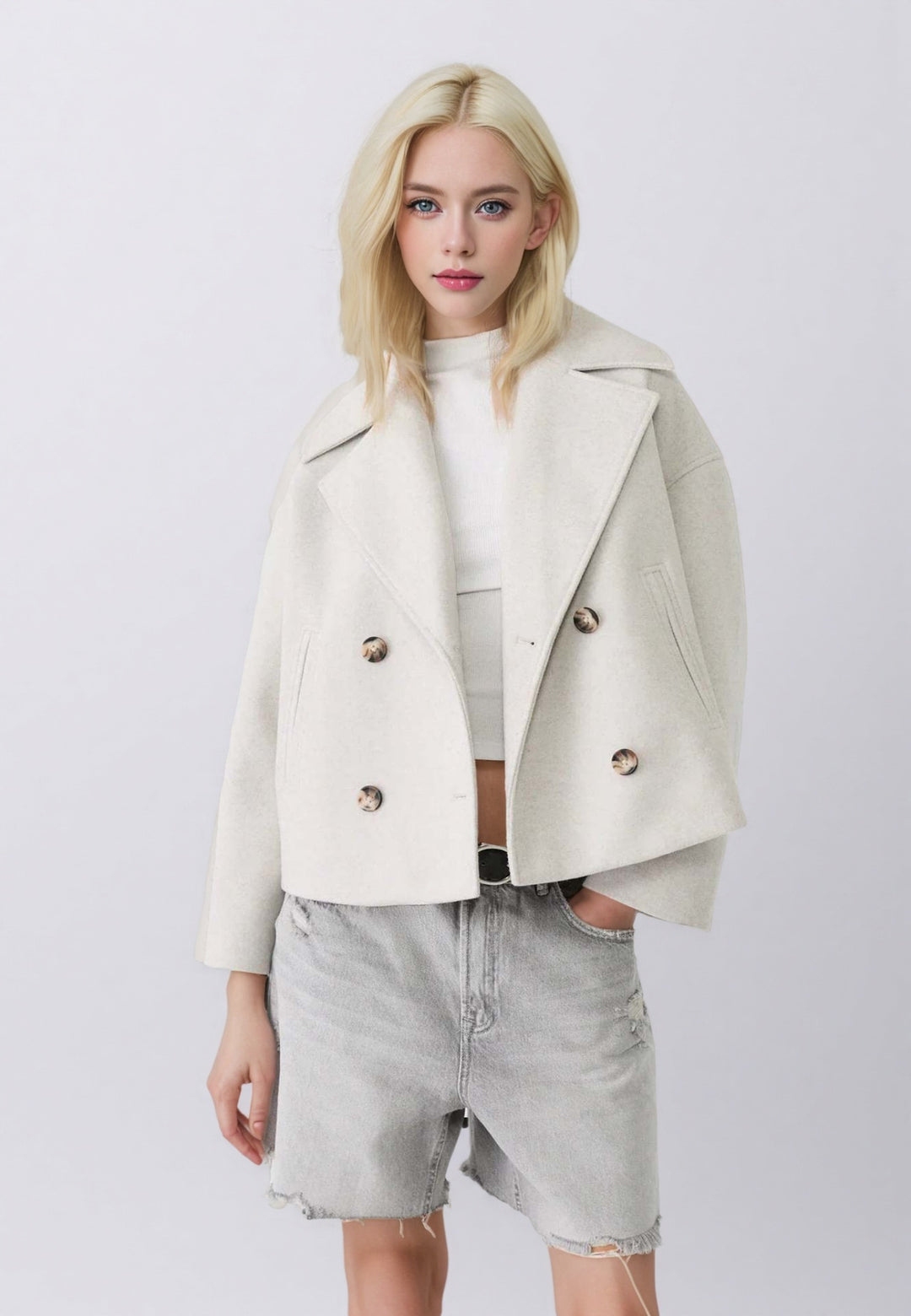 Damen Kurzer Doppelreihiger Wollmix-Mantel mit Oversize-Revers Drune