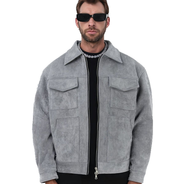 Herren nan oversized Velourslederjacke mit Reißverschluss, Hemdkragen und aufgesetzten Pattentaschen Drune