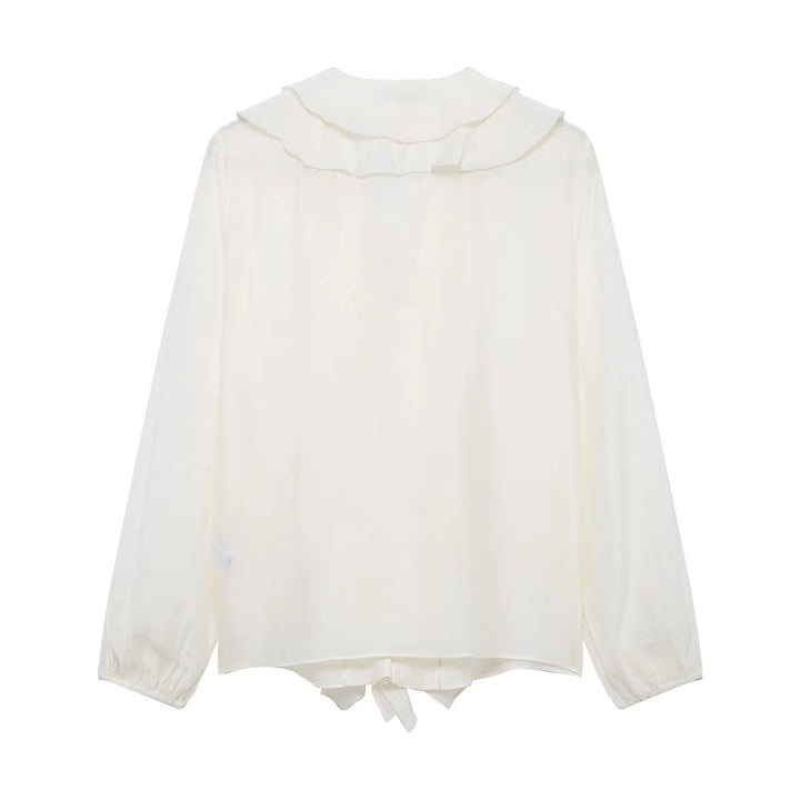 Damen nan Rüschige Chiffonbluse mit V-Ausschnitt, durchgehender Knopfleiste und Volant-Details Drune