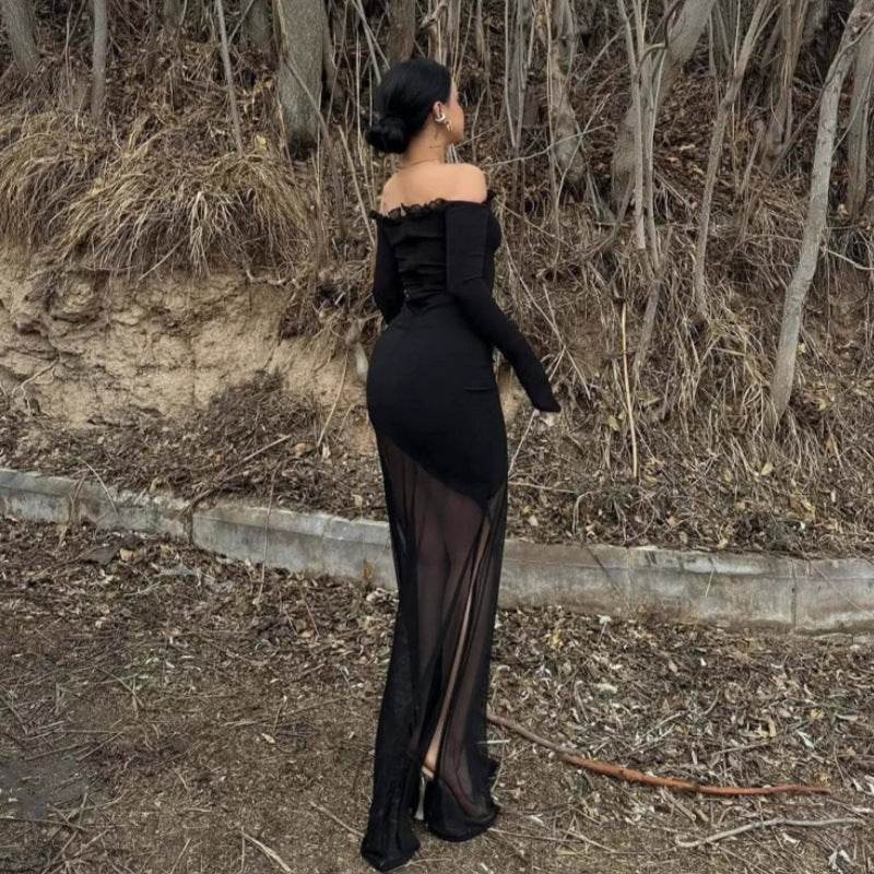 Damen figurbetontes Maxikleid mit Off-Shoulder Design und transparentem Rock Drune