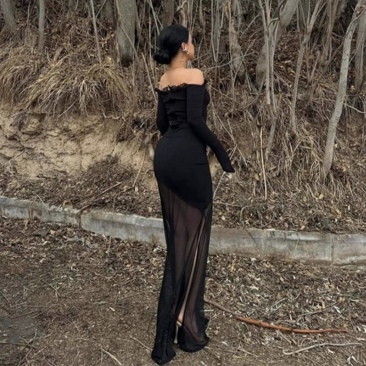 Damen figurbetontes Maxikleid mit Off-Shoulder Design und transparentem Rock Drune