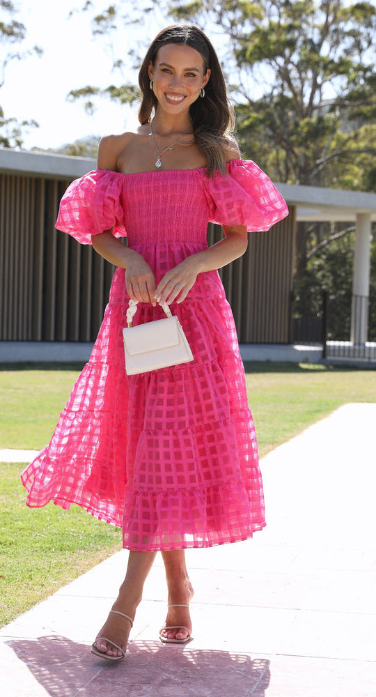 Damen Maxikleid mit luftigen Puffärmeln und gerafftem Oberteil Drune
