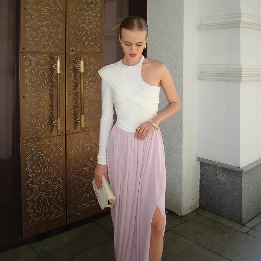 Damen Asymmetrisches One-Shoulder Maxikleid mit drapiertem Oberteil, langem Plissee‑Rock und Beinschlitz Drune
