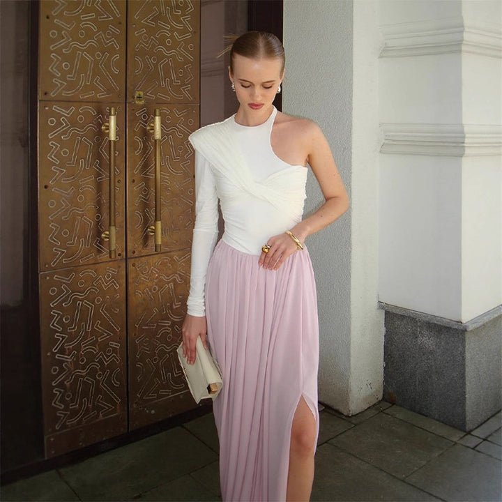 Damen Asymmetrisches One-Shoulder Maxikleid mit drapiertem Oberteil, langem Plissee‑Rock und Beinschlitz Drune