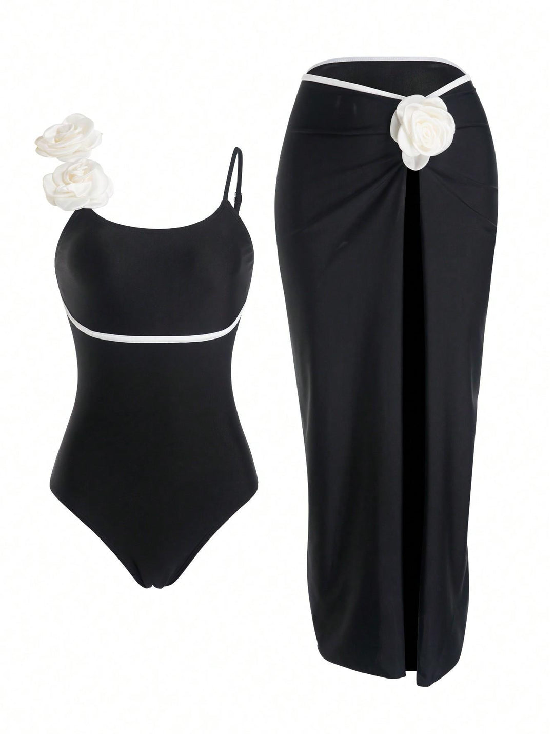 Damen Einteiler Badeanzug mit elegantem Rock und verspielten Blütendetails Drune