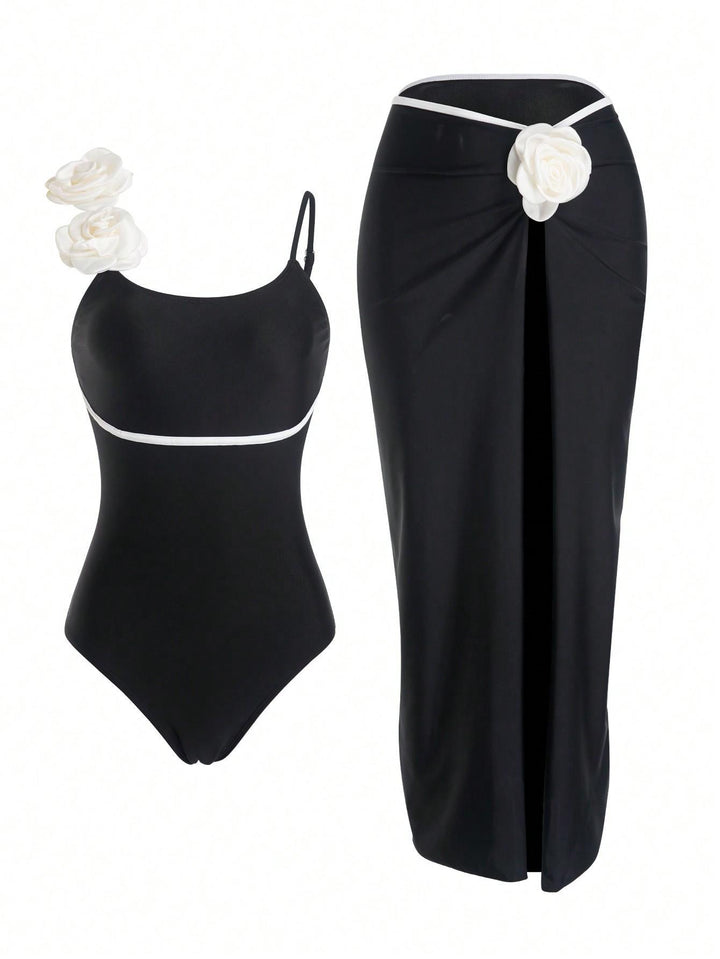 Damen Einteiler Badeanzug mit elegantem Rock und verspielten Blütendetails Drune