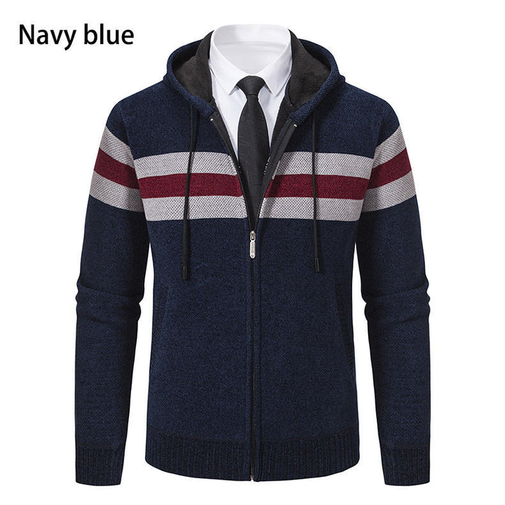 Herren Kapuzen-Strickjacke mit durchgehendem Reißverschluss, Kontraststreifen und Eingrifftaschen Drune