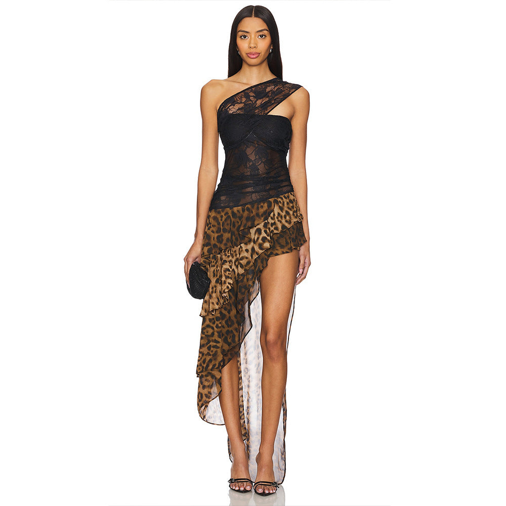 Damen Elegantes Spitzentop mit hohem Schlitz und Leopardenrock Drune