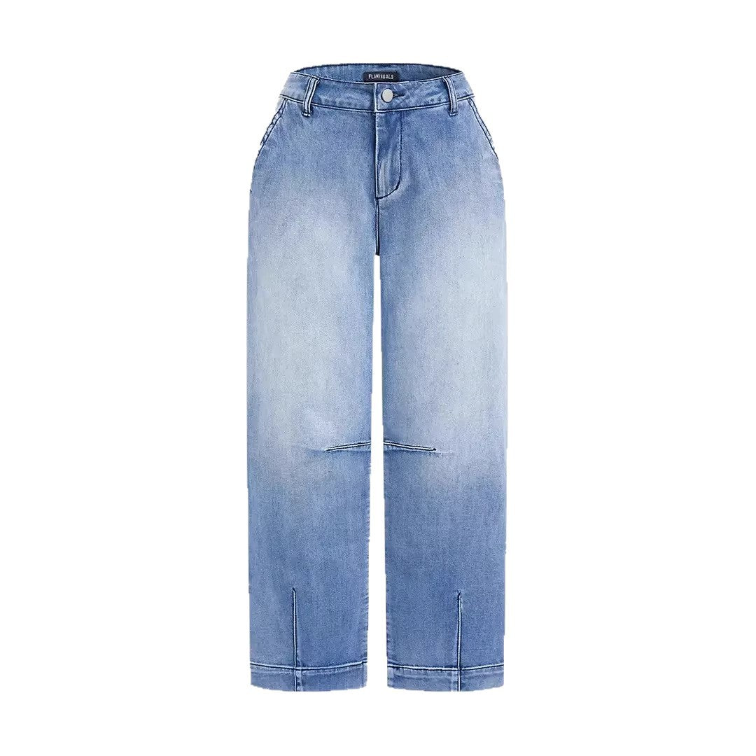 Damen lockere Jeans mit stylish cropped Schnitt und hohem Bund Drune