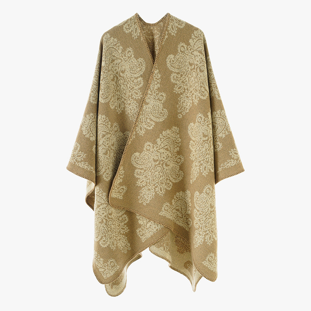 Damen Wollmix-Capeponcho mit beidseitigem Jacquard‑Paisley und kontrastierter Rollkante Drune
