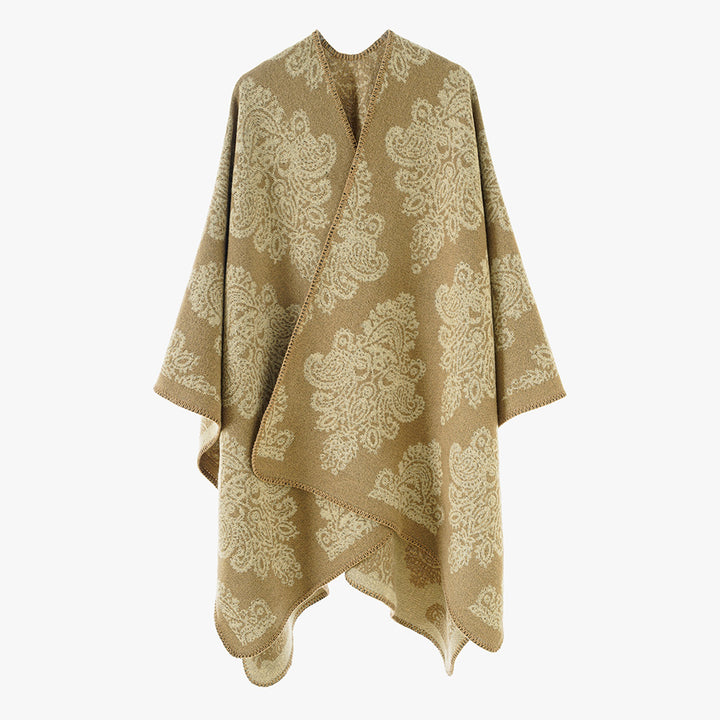 Damen Wollmix-Capeponcho mit beidseitigem Jacquard‑Paisley und kontrastierter Rollkante Drune