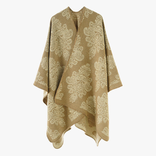 Damen Wollmix-Capeponcho mit beidseitigem Jacquard‑Paisley und kontrastierter Rollkante Drune