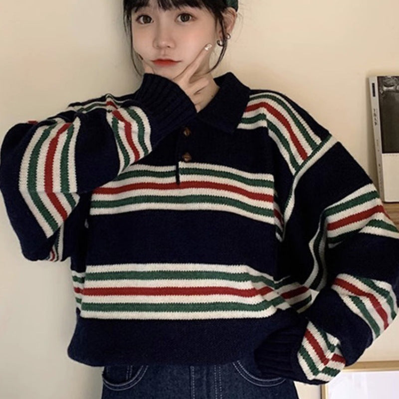 Damen Oversize Polokragen-Strickpullover mit maritimen Blockstreifen und kastiger Cropped-Silhouette Drune