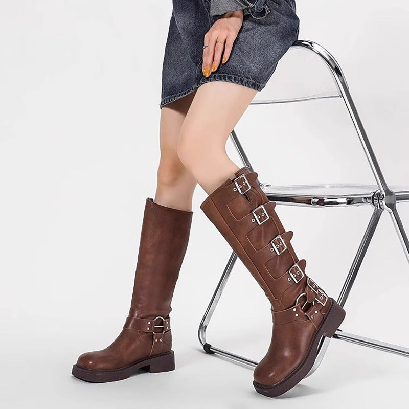 Damen Stiefel mit modischen Schnallen und robustem Blockabsatz Drune