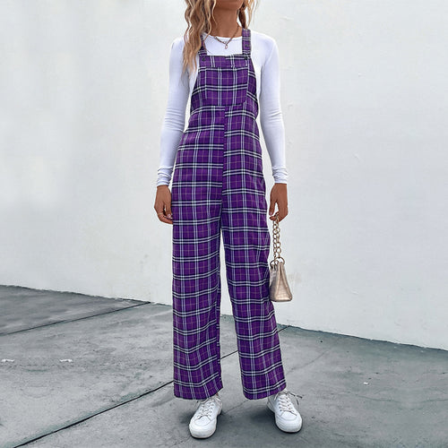 Damen Lässiger Karierter Jumpsuit mit breitem Bein und verstellbaren Trägern Drune