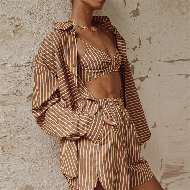 Damen nan Oversized Leinen-Hemd mit elastischem Bund Shorts Set Drune