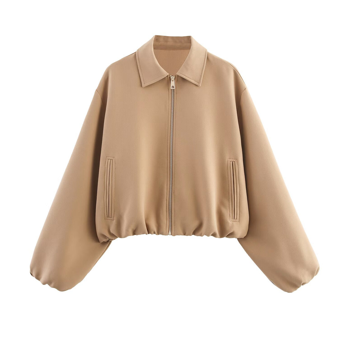 Damen 20+ kurze oversized Blousonjacke mit Reißverschluss gerafftem Saum und Ballonärmeln Drune