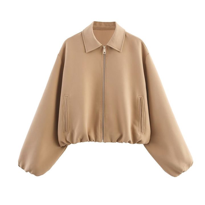 Damen 20+ kurze oversized Blousonjacke mit Reißverschluss gerafftem Saum und Ballonärmeln Drune