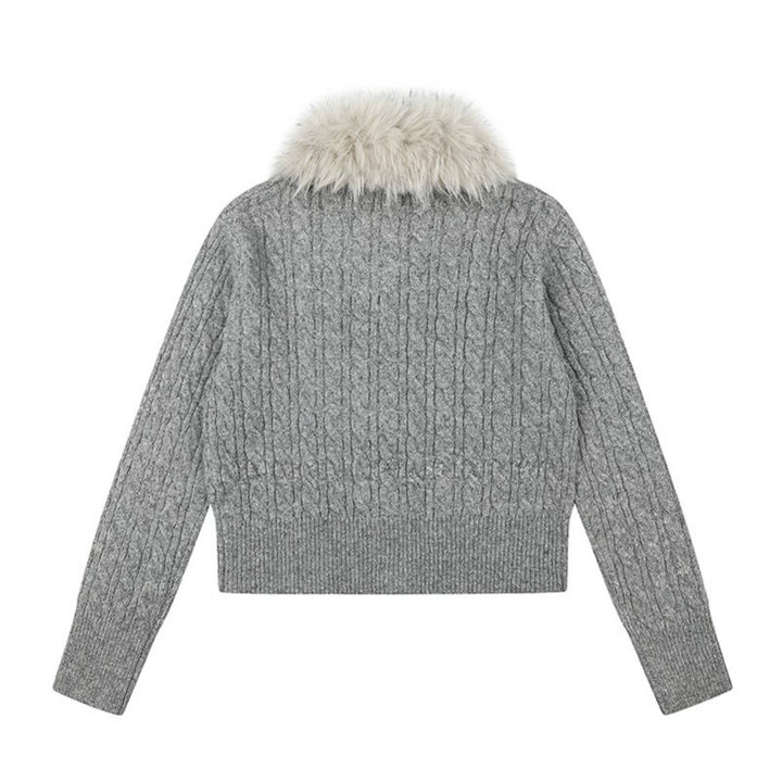 Damen Kurze Zopfmuster-Strickjacke mit abnehmbarem Kunstpelzkragen und Knebelknopfverschluss Drune