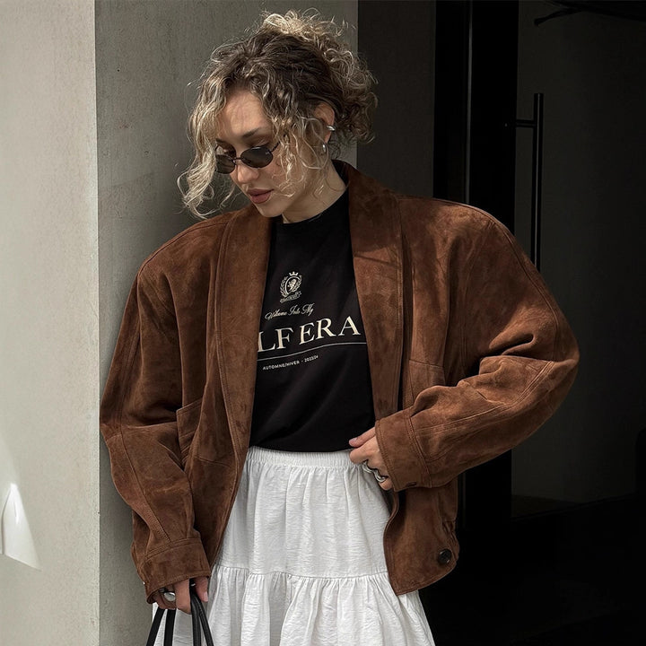 Damen Kurze Veloursleder‑Boxyjacke mit kimonoähnlichem Revers Drune
