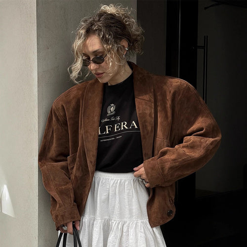 Damen Kurze Veloursleder‑Boxyjacke mit kimonoähnlichem Revers Drune