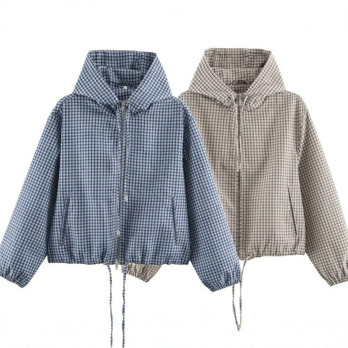 Damen Karierte Cropped Kapuzenjacke mit Tunnelzugsaum und Zwei‑Wege‑Reißverschluss Drune