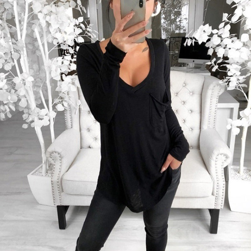 Damen Lässige Oversize Tunika mit V‑Ausschnitt, Brusttasche und verlängertem Saum Drune