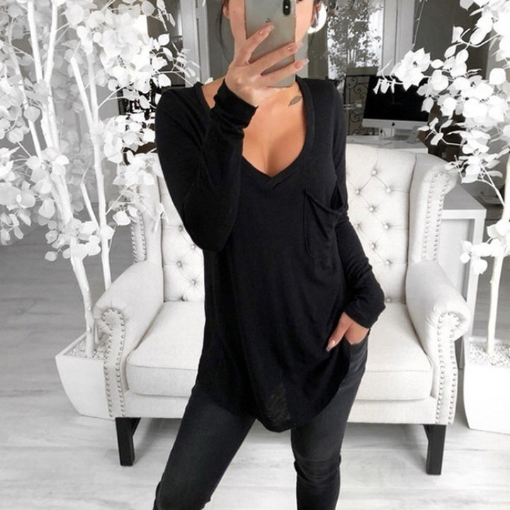 Damen Lässige Oversize Tunika mit V‑Ausschnitt, Brusttasche und verlängertem Saum Drune