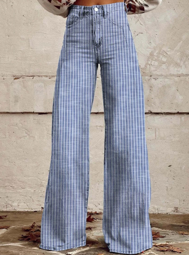 Damen nan weite Hose mit hohem Bund in Leinenoptik und vertikalen Nadelstreifen Schlaghose Drune