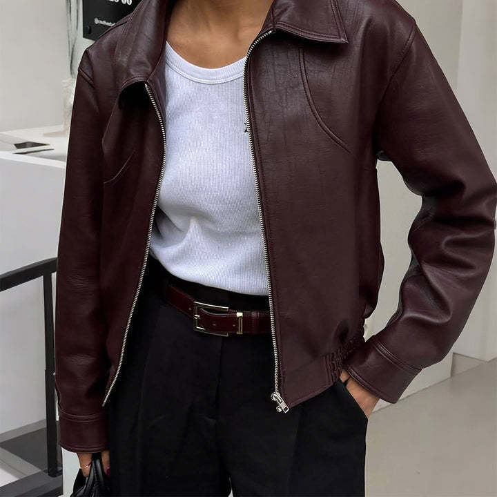 Damen nan kurze Oversize-Lederjacke mit Hemdkragen, sichtbarem Reißverschluss und lässiger Silhouette Drune