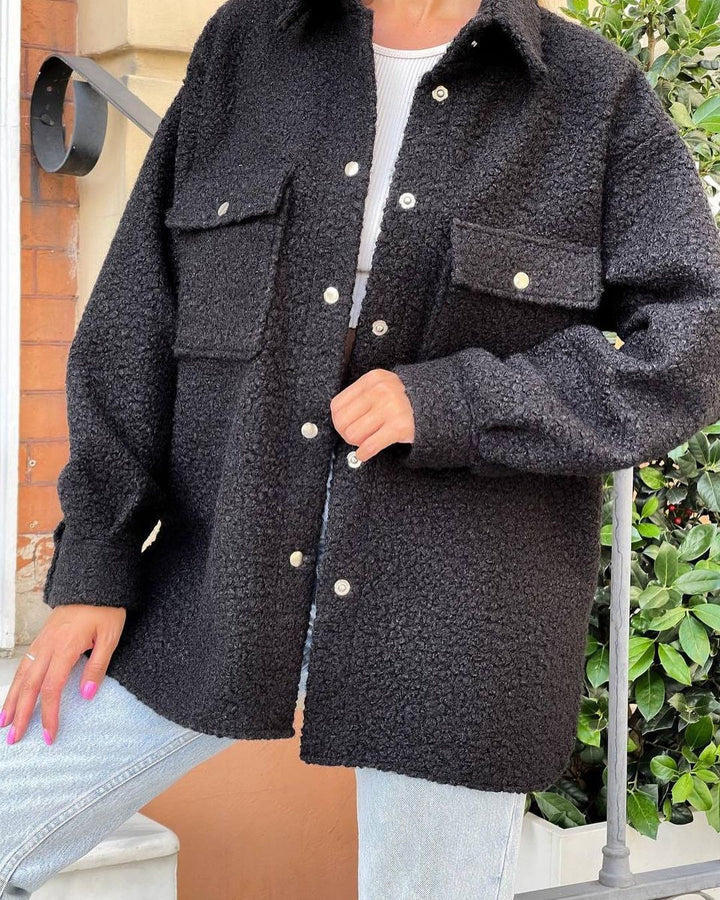 Damen Oversized Teddy-Übergangsjacke mit Brusttaschen und Druckknöpfen Drune