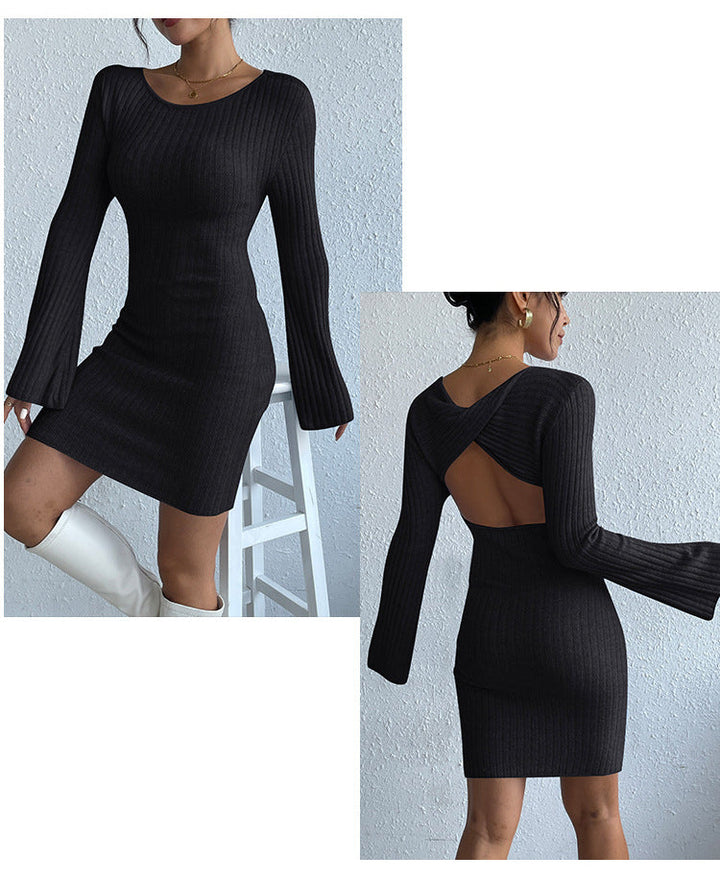 Drune | Langärmliges Trompetenärmel Offener Rücken Strickkleid