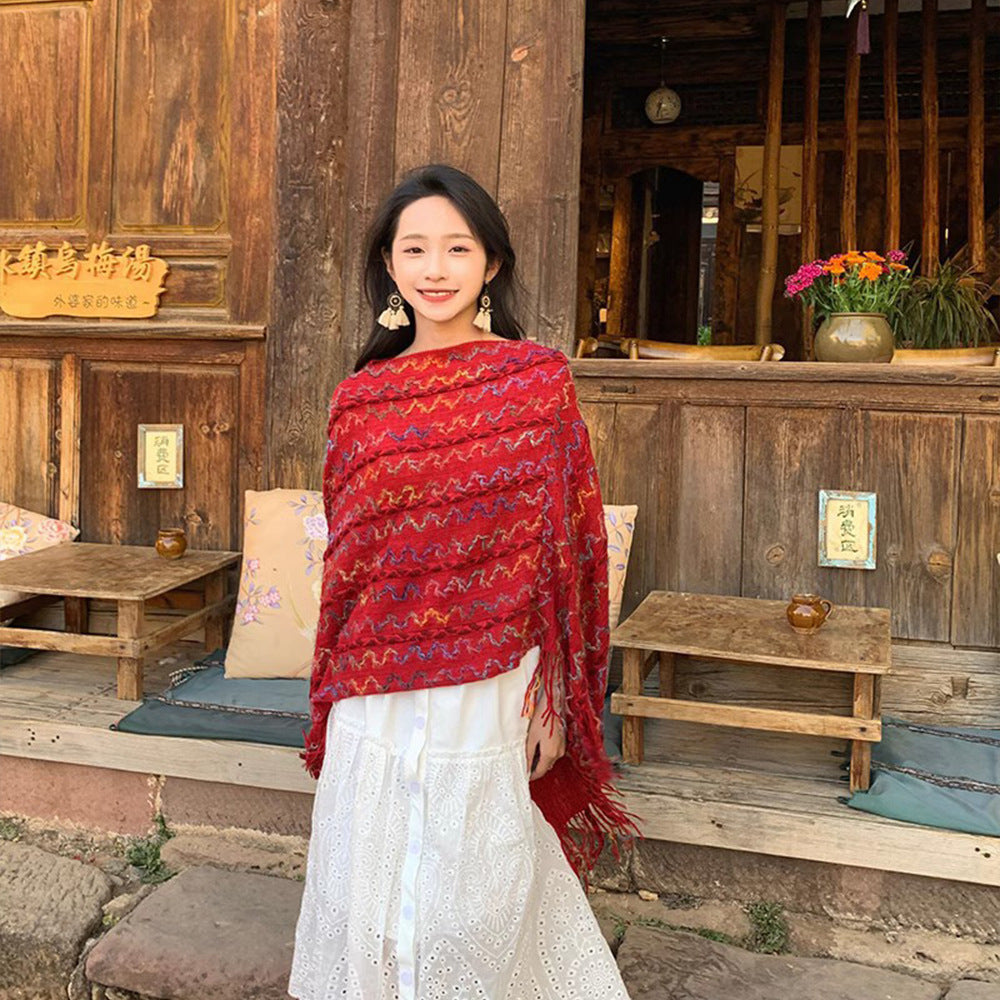 Damen Gestrickter V-Ausschnitt-Poncho mit Fransen und Strukturjacquard Drune