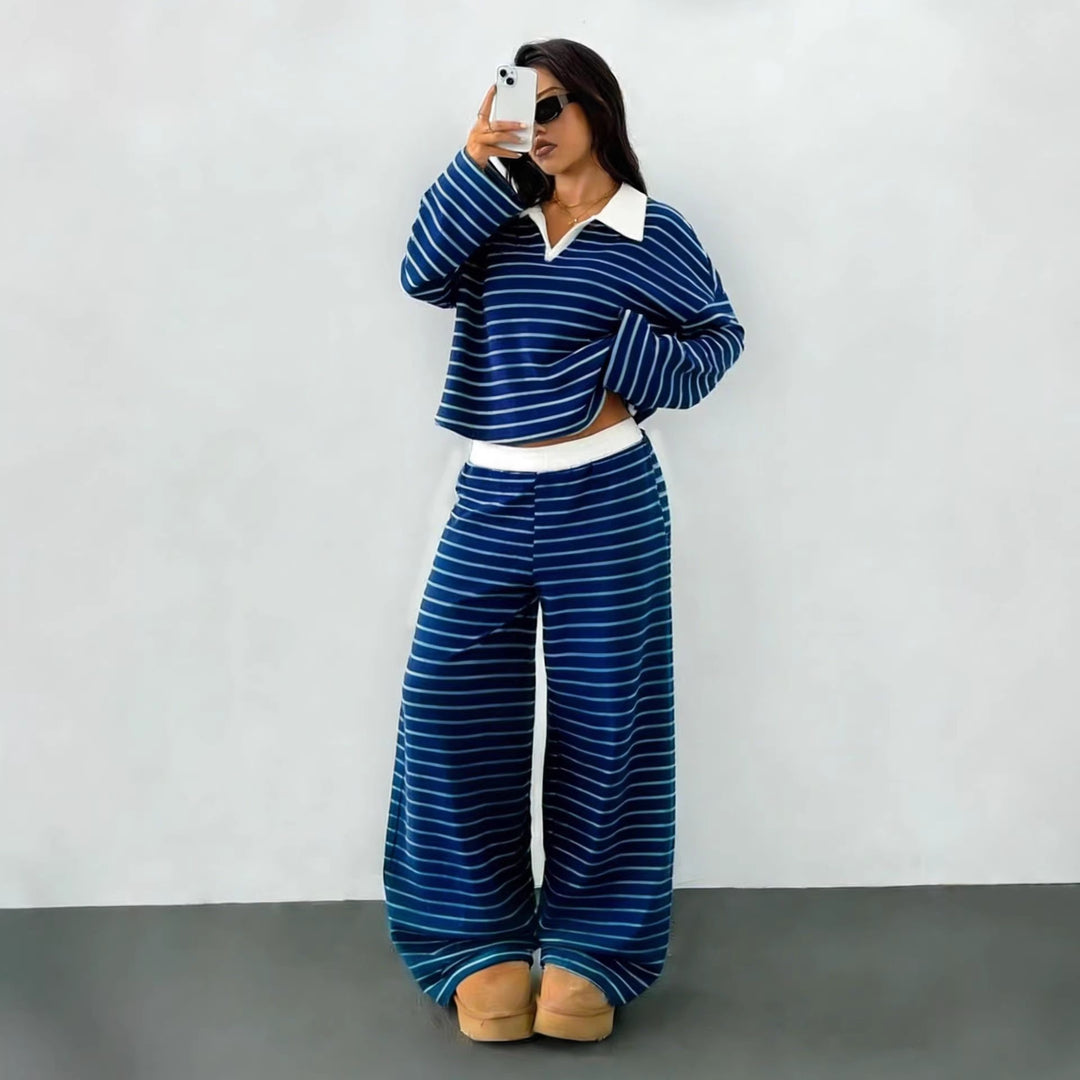 Damen lässiges Streifen-Loungewear-Set mit Kragen Drune