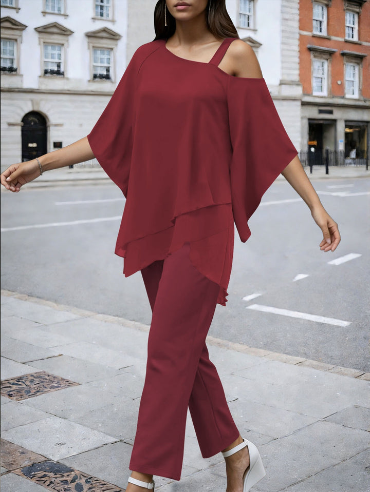 Damen Elegantes Chiffon-Zweiteiler mit Lagen‑Tunika, asymmetrischem Ein‑Schulter‑Detail und weiter Palazzohose Drune