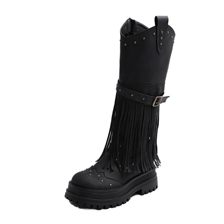 Damen Overknee-Stiefel mit modischem Fransen-Design und robustem Profil Drune