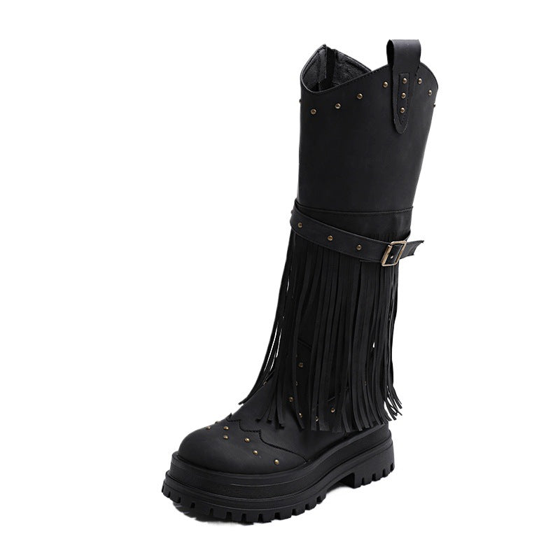 Damen Overknee-Stiefel mit modischem Fransen-Design und robustem Profil Drune
