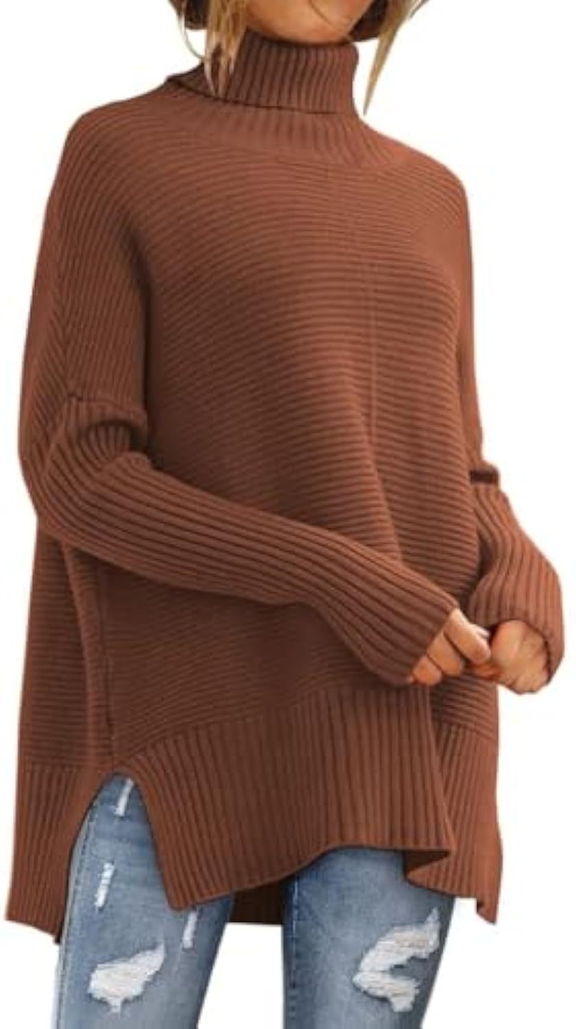 Damen Oversize-Rippenstrick Rollkragenpullover mit Seitenschlitzen und verlängertem Saum Drune